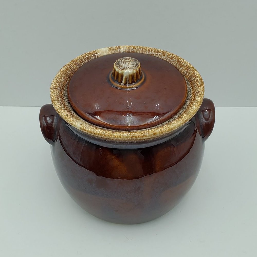 Hull Brown Drip Glaze Bean Pot Cookie Jar with Lid Oven Proof USA Round Canister